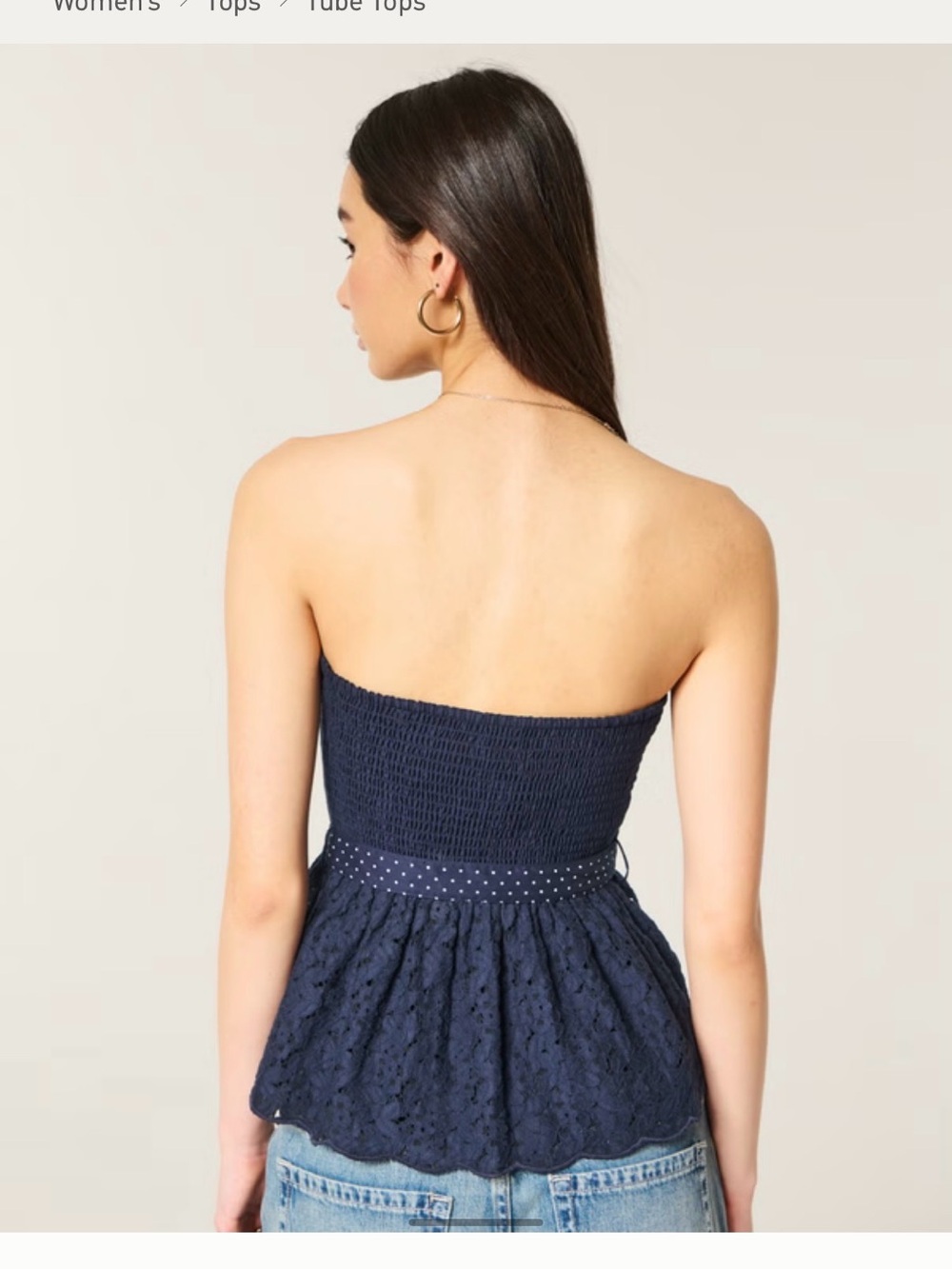 Hollister Navy Strapless Lace Peplum Top with Polka Dot Tie - Picture 2 of 4
